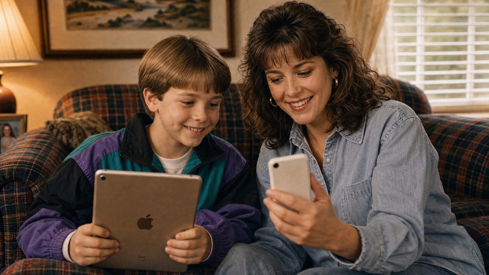 A parent and child comparing a cell phone and a tablet at home.
