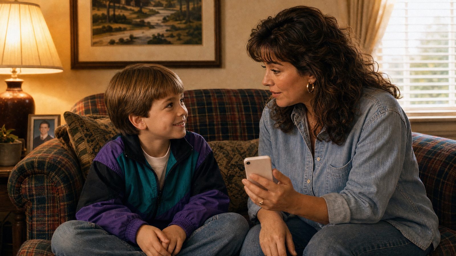 A parent talking with their child about getting a first phone.